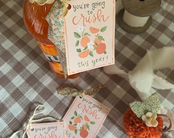 May include: Three orange and white gift tags with the text "you're going to crush this year!" and a graphic of oranges and flowers. The tags are tied with twine and are on a brown and white checkered surface.