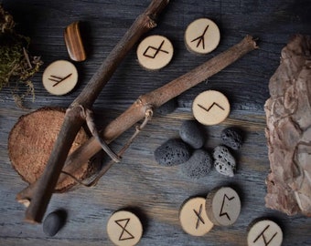 Wood rune set and pouch | Elder Futhark | divination tools | hag stones | Altar tools | Gemstone | Pagan | Wicca | Occult | Norse Runes