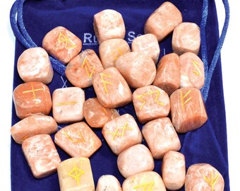 Peach Moonstone crystal rune set and pouch | Elder Futhark | divination tool | Altar tool | Gemstone | Pagan | Wicca | Occult | Norse Runes