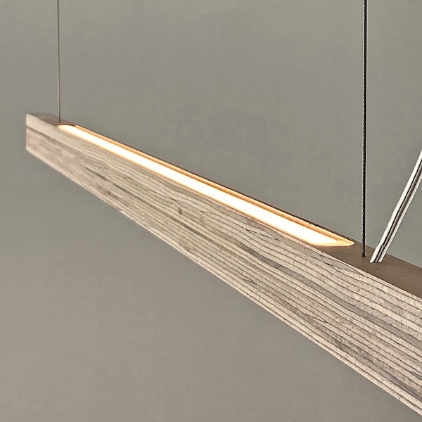Linear luminaire, wooden suspension, high and low lighting