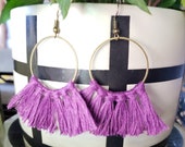 SALE Tassel Earrings Western Gypsy Boho Hippie Earrings Cowgirl Country Fashion Southwestern Purple Tassel Antique Brass Hoop Fringe