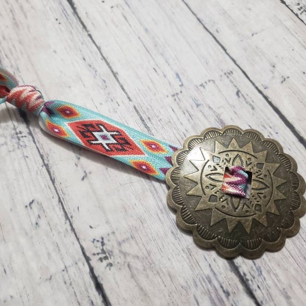 Concho Western Serape Tribal Print Elastic Hair Tie, Cowgirl Hair Accessories, Vaquera Wear, Southwestern, Gypsy Boho Hippie, Brass