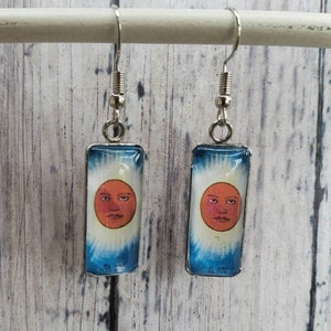 Boucles d’oreilles Loteria, Bijoux inspirés de la carte El Sol Loteria, Bingo mexicain, Cabochon rectangulaire 10x25 mm
