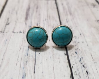 Western Stud Earrings, Round Faux Turquoise Cabochon Earrings, 12 mm Earrings, Silver Cowgirl Jewelry, Boho Hippie, Vaquera