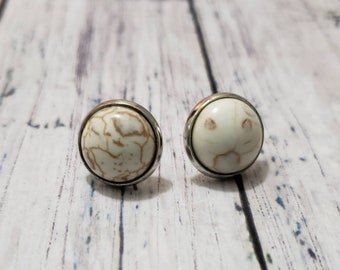Western Stud Earrings, Round Faux Marble Cabochon Earrings, 12 mm Earrings, Silver Cowgirl Jewelry, Boho Hippie, Vaquera