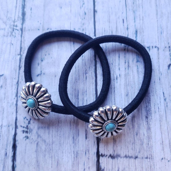 Western Mini Concho Hair Tie (Two), Silver Flower Hair Accessories Ties, Boho Gypsy Fashion, Faux Turquoise, Daisy Flower, Vaquera Cowgirl