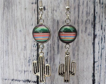 Boho Serape Cabochon Cactus Dangle Oorbellen, Mexico Mexicaans geïnspireerde sieraden, western, cowgirl fashion, 12 mm hanger, Vaquera Gipsy