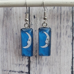 Pendientes de lotería, joyería inspirada en la carta de lotería La Luna, bingo mexicano, cabujón rectangular de 10 x 25 mm