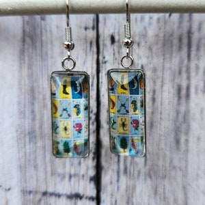 Boucles d’oreilles Loteria, Bijoux inspirés de la carte Loteria Tableta, Bingo mexicain, Cabochon rectangulaire 10x25 mm
