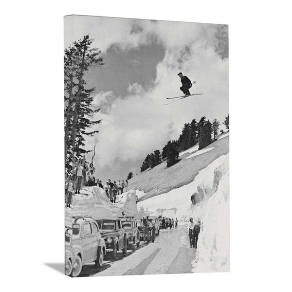 Vintage Ski Poster Mt. Lassen Man Jumping over Mt. Lassen Highway