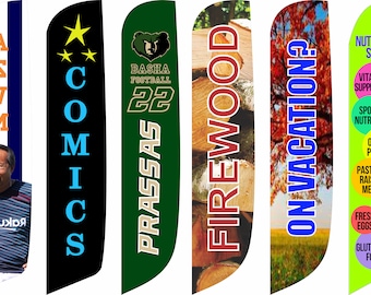 Custom Feather Flags with your logo and text or image in 14 ft.  Single or double sides.