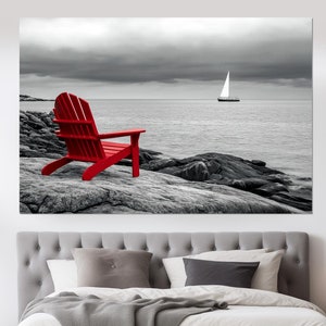 Impresión en lienzo de una silla roja sobre un paisaje oceánico en blanco y negro, arte oceánico en lienzo, fotografía abstracta en blanco y negro, póster oceánico, arte mural abstracto
