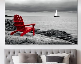 Red Chair On Black and White Ocean Landscape Canvas Print, Ocean Canvas Art, Abstract Black And White Photo, Ocean Poster, Abstract Wall Art