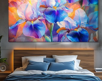 Abstract Iris Flowers Painting Printed on Canvas, Blue Iris Poster, Floral Canvas Art, Flowers Painting, Blue Tones in Interior