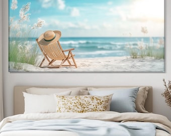 Strandmålning i mjuka toner tryckt på duk, sommarväggkonst, naturskön strandmålning, strandposter i neutrala färger, canvaskonst med sommarstrand