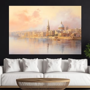 Misty Valletta Painting Printed on Canvas, Abstract Malta Canvas Print, Valletta Skyline, Malta Wall Art, Malta Painting, Foggy Malta Poster