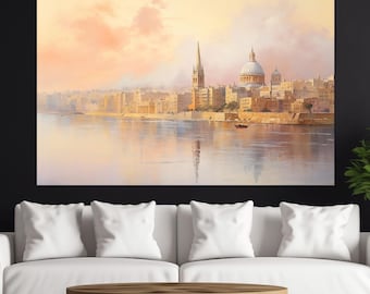 Misty Valletta Painting Printed on Canvas, Abstract Malta Canvas Print, Valletta Skyline, Malta Wall Art, Malta Painting, Foggy Malta Poster