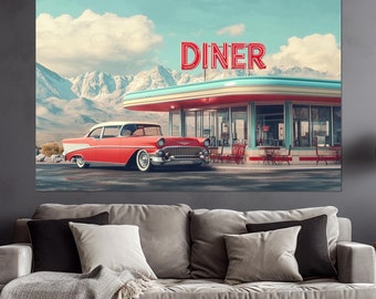 Stampa su tela di un'auto retrò americana classica, paesaggio americano d'epoca, arte murale retrò, poster di un ristorante retrò in montagna, poster vintage