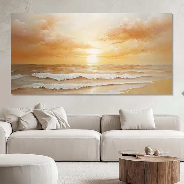 Sepia Tones Ocean Sunset Painting Printed on Canvas, Scenic Seascape Canvas Print, Sea Sunset Wall Art, Ocean Sunset Poster, Sepia Wall Art