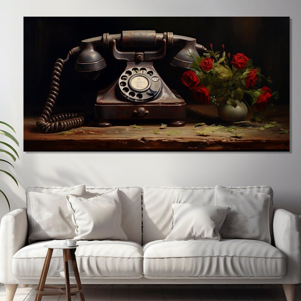 Vintage Telephone Painting Printed on Canvas, Antique Store Decor, Retro Wall Art, Telephone Canvas Print, Vintage Wall Decor,