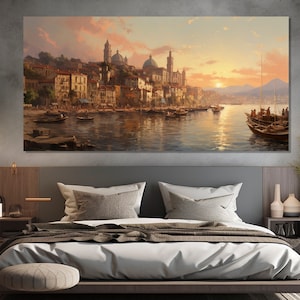 Vintage Italy Painting Printed on Canvas, Ancient Italian Coast Canvas Print, Retro Italy Art, Scenic Italy Painting, Italian Wall Decor