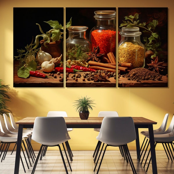 Large Spices and Herbs Painting Printed on Canvas, Kitchen Wall Decor, Kitchen Wall Art, Spices Poster, Restaurant Wall Decor