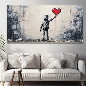 Boy with Heart Graffiti Canvas Print, Abstract Street Art Painting, Street Art Wall Decor, Banksy Style Painting, Graffiti Wall Art