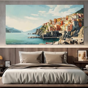 Cinque Terre Painting Printed on Canvas, Beautiful Cinque Terre Village Canvas Print, Italy Wall Art, Scenic Cinque Terre Painting