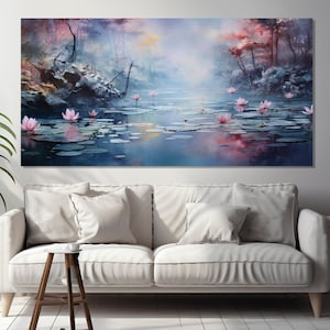 Abstract Water Lilies Canvas Print, Water Lilies in Claude Monet Style Painting, Monet Fan Gift, Impressionist Painting, Large Monet Print