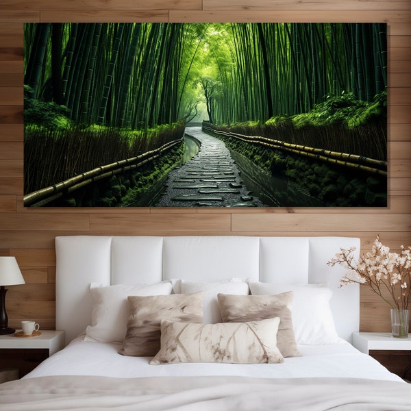 Kronkelende weg in bamboe bos schilderij gedrukt op canvas, bamboe canvas print, bos kunst aan de muur, moderne slaapkamer kunst aan de muur, natuur canvas kunst