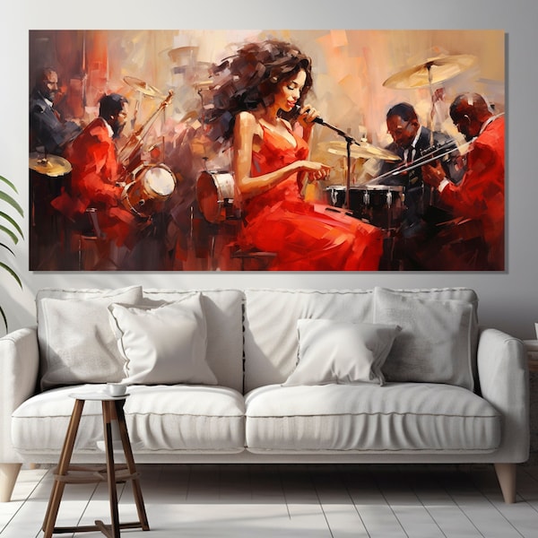 Art mural jazz, chanteur en robe rouge avec groupe de jazz, peinture imprimée sur toile, tableau jazz rétro, affiche jazz, décoration murale jazz