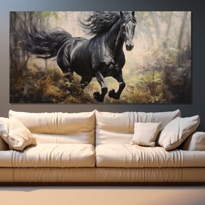 Schwarzes Pferd Leinwanddruck, großes Pferd im Wald Malerei, Pferde Wandkunst, Luxus Wanddekoration, Wohnzimmer Wanddeko, Fresian Pferd Poster