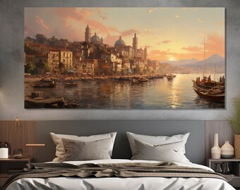 Cuadro vintage de Italia impreso en lienzo, impresión en lienzo de la antigua costa italiana, arte retro italiano, pintura escénica italiana, decoración de pared italiana
