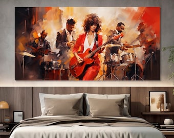 Lady Guitarist with Jazz Band Painting Printed on Canvas, Vintage Jazz Wall Art, Jazz Canvas Art, Jazz Poster, Jazz Club Decor