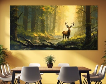 Dipinto di alce nella foresta estiva stampato su tela, stampa su tela di alce panoramico, arte murale naturalistica, arte murale di alce, dipinto di alce nella foresta