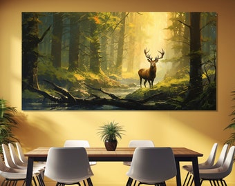 Elk in Summer Forest Painting Printed on Canvas, Scenic Elk Canvas Print, Nature Wall Art, Elk Wall Art, Elk in Forest Painting