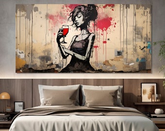 Lady with Wine Graffiti Canvas Print, Wine Street Art, Graffiti in Banksy Style, Lady Bedroom Decor, Woman with Glass of Wine Poster