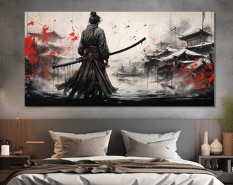 Abstract Samurai Graffiti Canvas Print, Japanese Street Art, Samurai Graffiti in Banksy Style, Japanese Wall Art, Samurai Painting