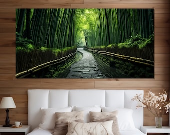 Winding Road in Bamboo Forest Painting Printed on Canvas, Bamboo Canvas Print, Forest Wall Art, Modern Bedroom Wall Art, Nature Canvas Art