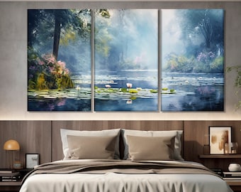 Water Lilies in Misty Lake Painting Printed on Canvas, Water Lilies in Claude Monet Style, Impressionism, Large Nature Canvas Print