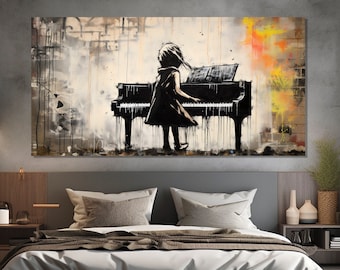 Little Girl Playing Piano Graffiti Canvas Print, Piano Street Art, Musician Graffiti in Banksy Style, Girl with Piano Wall Art