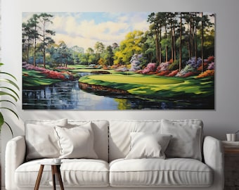 Grande impressão em tela de campo de golfe de verão, arte de parede de golfe, pintura de golfe impressa em tela, presente para jogador de golfe, decoração de parede de taco de golfe