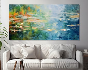 Abstract Water Lilies Painting Printed on Canvas, Water Lilies in Claude Monet Style, Impressionist Painting, Large Monet Canvas Print