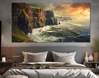 Cliffs of Moher Painting Printed on Canvas, Irish Wall Art, Ireland Cliffs Wall Art,  Irish Gift, Irish Wall Decor, Ireland Painting