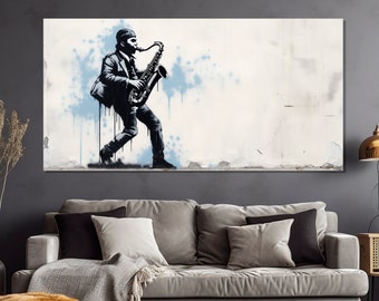 Abstract Saxophonist Graffiti Canvas Print, Saxophone Street Art, Musical Graffiti in Banksy Style, Saxophone Wall Art, Saxophonist Painting