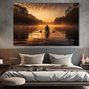 Rower in Evening Lake Canvas Print, Rower Gift, Rowing Wall Art, Rowing Club Wall Decor, Rowing on Sunset Painting, Solo Rowing Poster