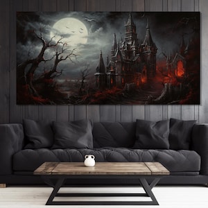 Mystical Full Moon over Gothic Vampire Castle Painting Printed on Canvas, Dracula Castle in Moonlit Wall Art, Dracula Castle Wall Art