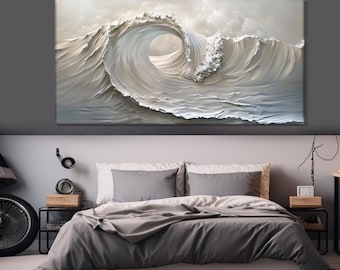 Impression sur toile vague abstraite, art mural minimaliste, affiche vague blanche, impression vague océan tons doux, décoration murale minimaliste