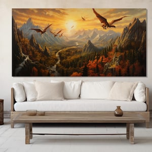 Dragons in Flight Over a Valley Painting Printed on Canvas, Fantasy Wall Art, Dragon Poster, Fantasy Wall Decor, Medieval Fantasy Canvas Art