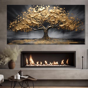 Gold Blätter Baum Gemälde Leinwanddruck, Gold Baumblüte Poster, Gold im Interieur, Gold Luxus Schlafzimmer Dekor, Goldene Leinwand Wandkunst